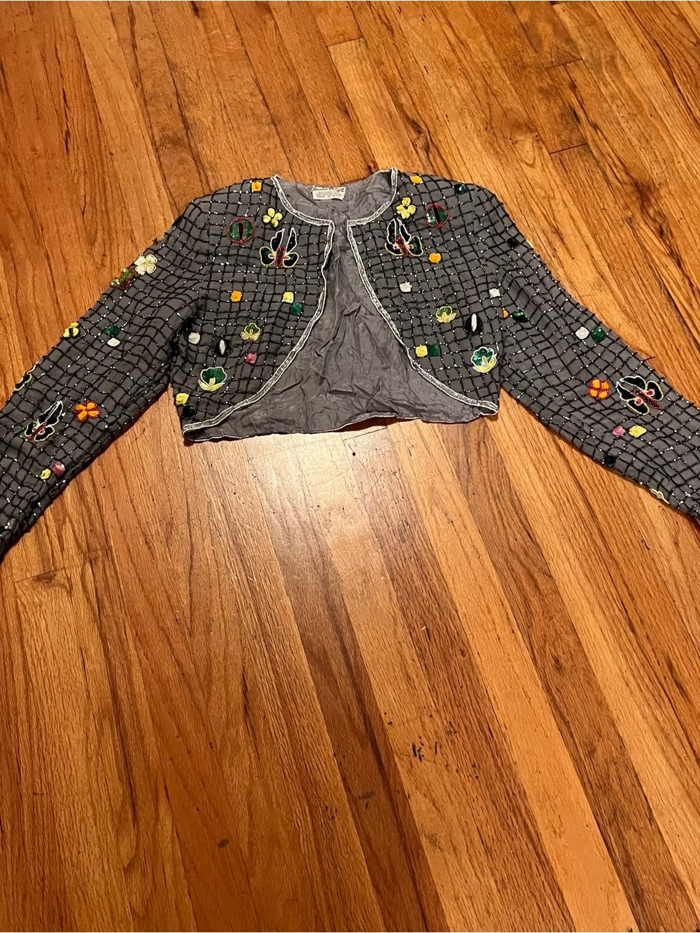 Vintage Gray Cropped Embroidered Jacket with Multicolor Floral Accents